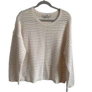 LOFT Open Knit Sweater Pullover Lightweight Cotton Blend Cream XL Coastal Beachy